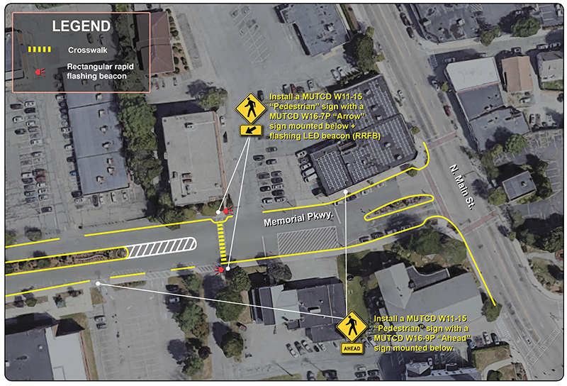 Figure 6: Memorial Parkway Mid-block Crossing Improvements
This figure shows some design improvements for the eastern portion of Memorial Parkway. Included on the figure are new sign installation, including an RRFB, a bump out, and a painted median extension.
